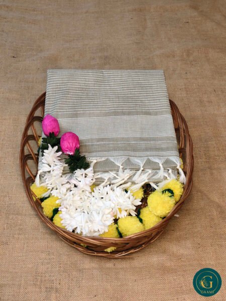 Handloom Cotton Saree – Soft Olive Green with White Horizontal Pinstripes