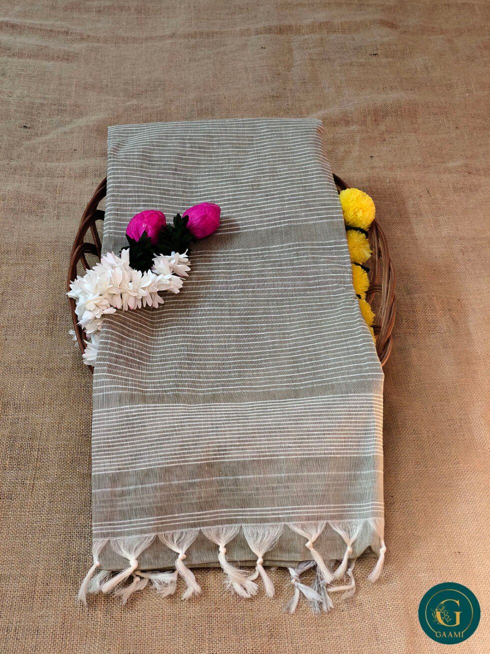 Handloom Cotton Saree – Soft Olive Green with White Horizontal Pinstripes