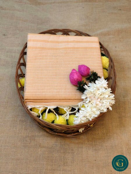 Handloom Cotton Saree – Warm Peach with White Horizontal Stripes