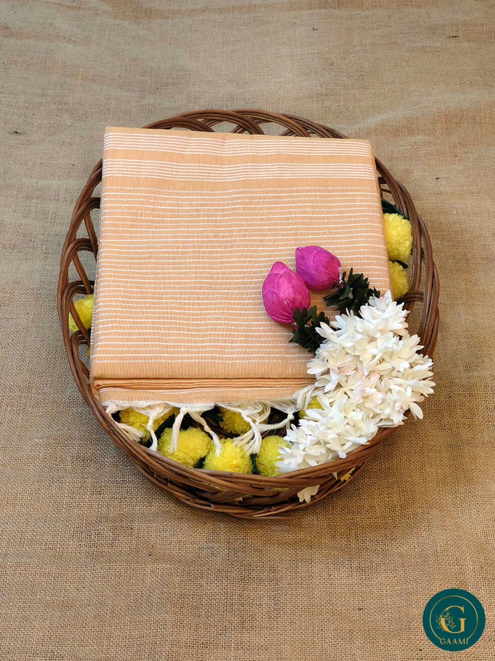 Handloom Cotton Saree – Warm Peach with White Horizontal Stripes