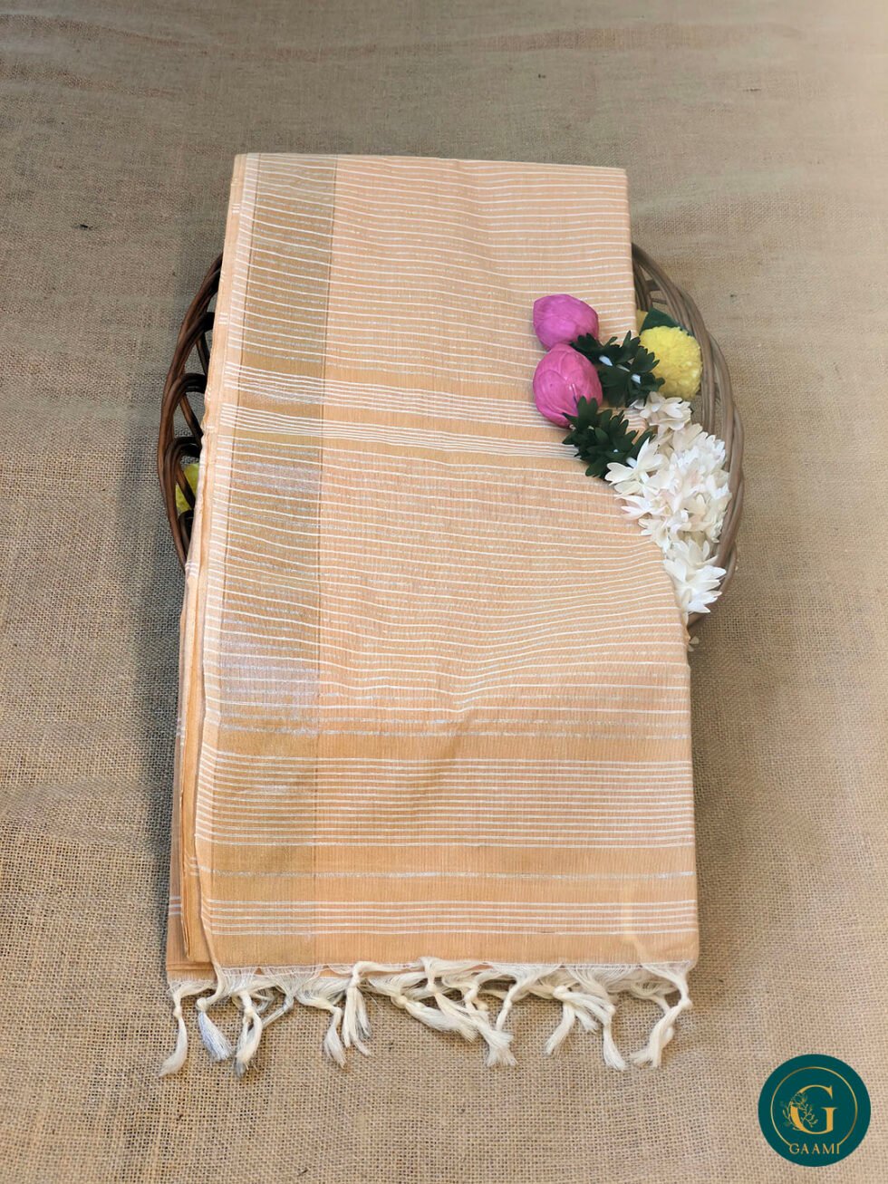 Handloom Cotton Saree – Warm Peach with White Horizontal Stripes