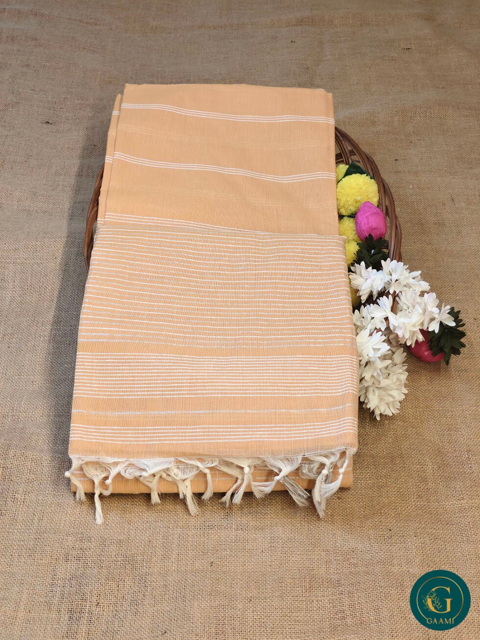 Handloom Cotton Saree – Warm Peach with White Horizontal Stripes