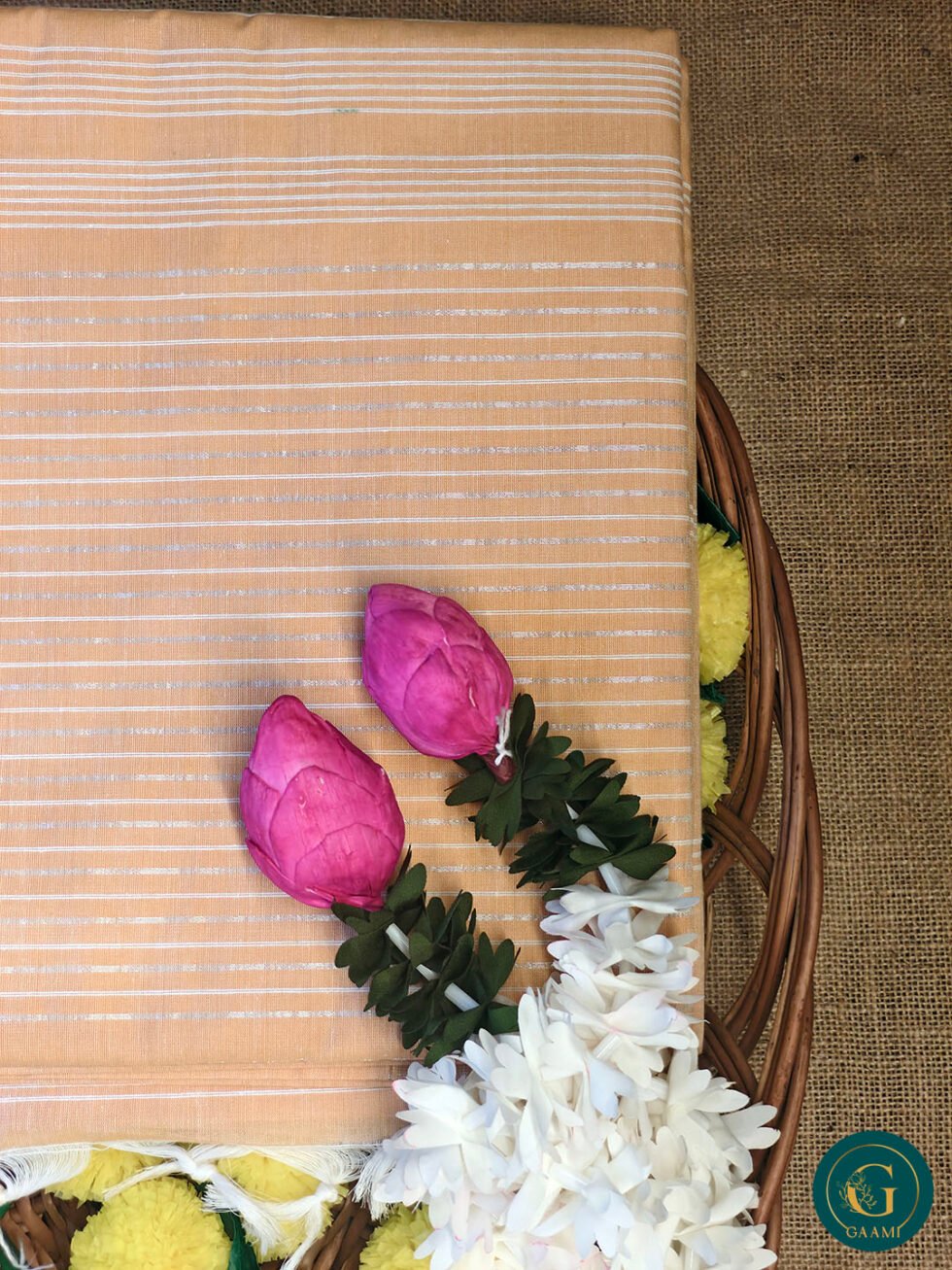 Handloom Cotton Saree – Warm Peach with White Horizontal Stripes