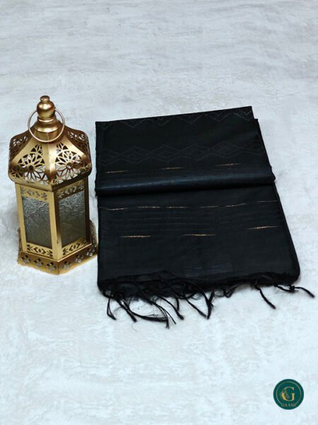 Bhagalpuri Cotton Saree – Black Body with White Thread Work & Gold Zari Pallu