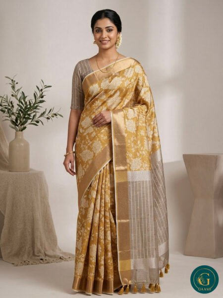 Butter Silk Saree in Yellow Color with Golden Zari Butta and Golden Border