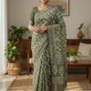 Mulmul Cotton Saree in Moss Green Colour