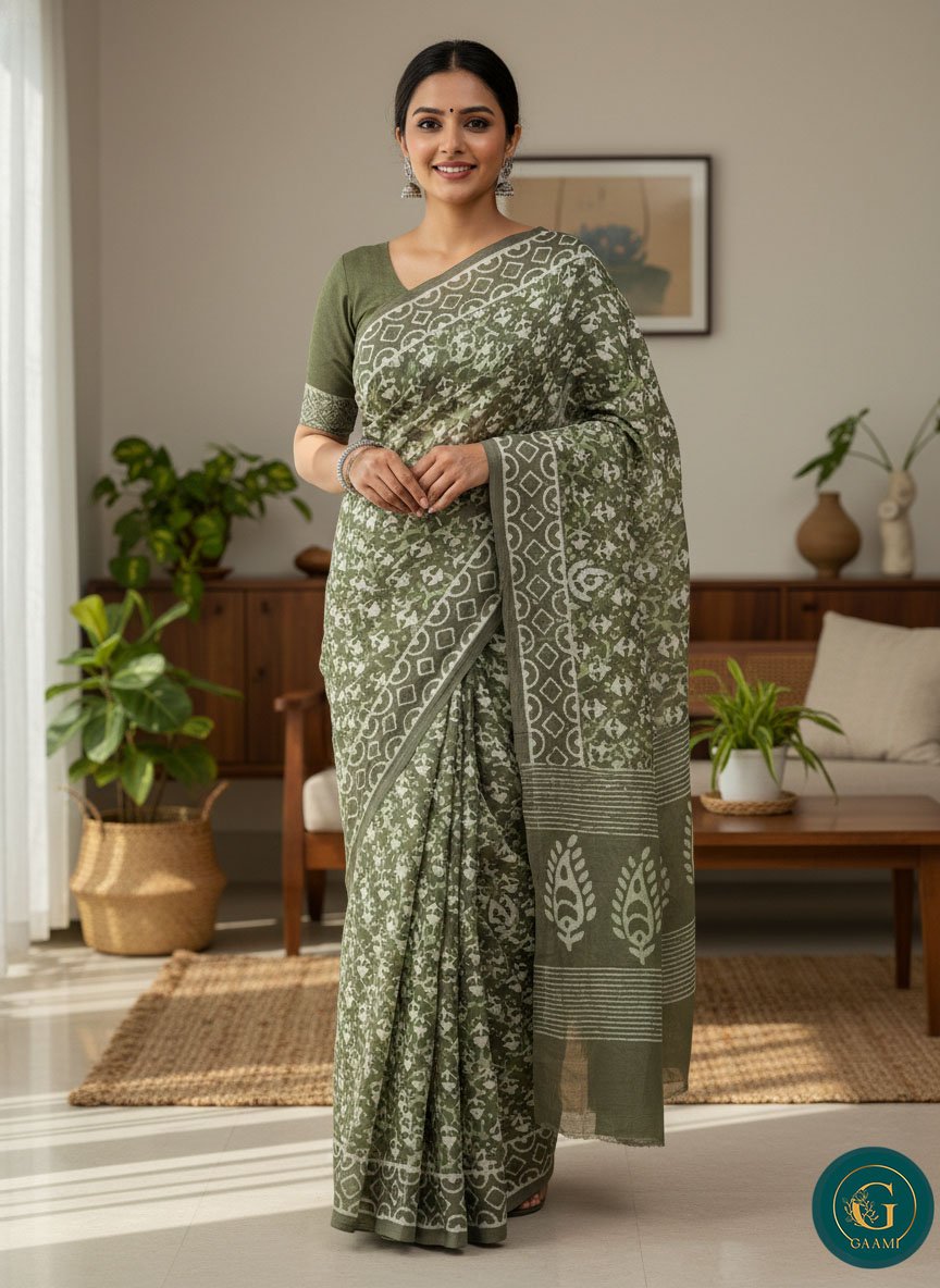 Mulmul Cotton Saree in Moss Green Colour