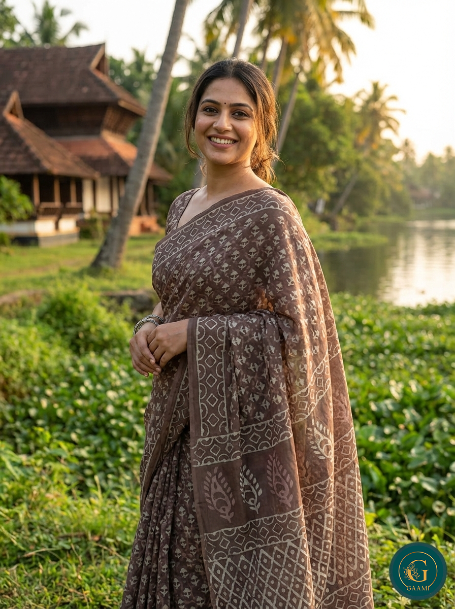 Mulmul Cotton Saree in Brown Colour