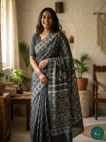 Mulmul Cotton Saree in Cement Grey Colour