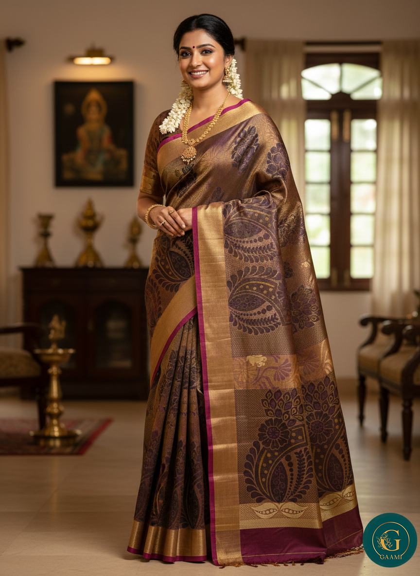 Cotton Handloom Saree in Brown with Pink Double Shade & Thread Work