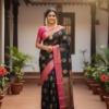 Semi Tussar Saree in Black Colour with Golden Zari and Pink Border