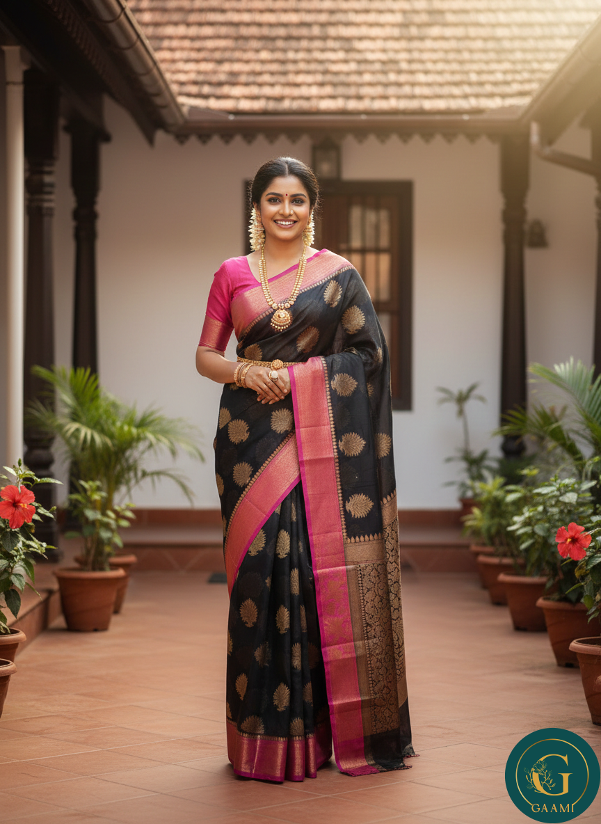 Semi Tussar Saree in Black Colour with Golden Zari and Pink Border