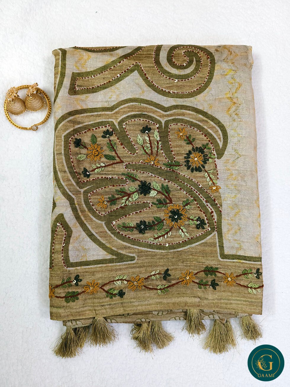 Semi Tussar Silk Saree in Soft Olive Green with Elegant Thread Work