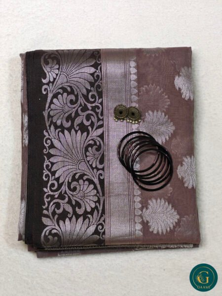 Semi Tussar Silk Saree in Soft Brown with Silver Zari and Coffee Brown Border