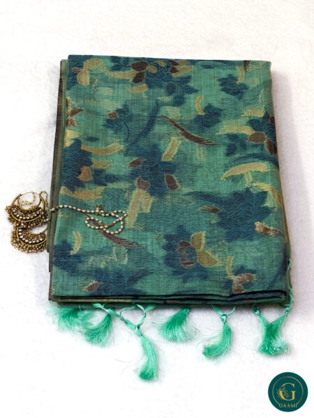 Semi Chanderi Saree in Sea Green with Golden Zari & Floral Thread Work