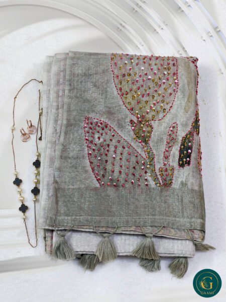 Semi Tissue Silk Saree with French Knot Detailing & Exquisite Hand Work