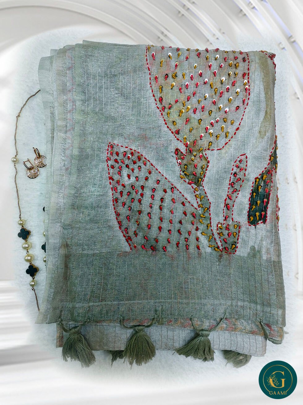 Semi Tissue Silk Saree with French Knot Detailing & Exquisite Hand Work