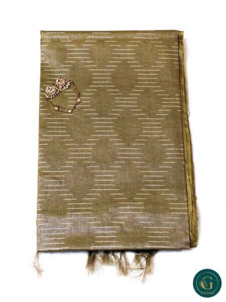 Bhagalpuri Cotton Khaki Tissue Saree with Golden Zari Lines & White Thread Work