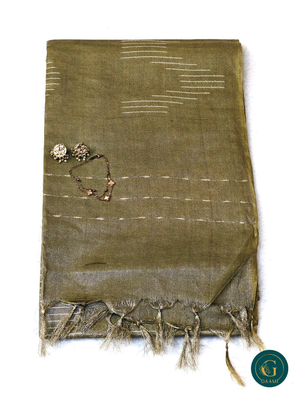 Bhagalpuri Cotton Khaki Tissue Saree with Golden Zari Lines & White Thread Work