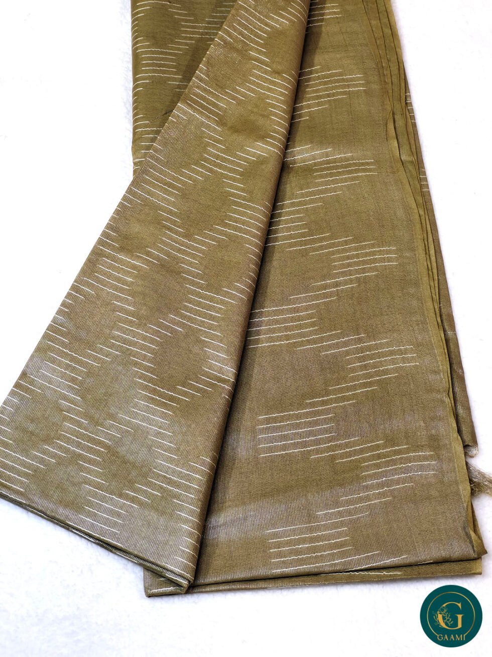 Bhagalpuri Cotton Khaki Tissue Saree with Golden Zari Lines & White Thread Work