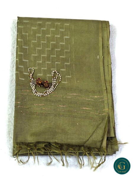 Bhagalpuri Cotton Saree in Olive Green with White Thread Lines, Golden Zari Pallu & Sequin Work