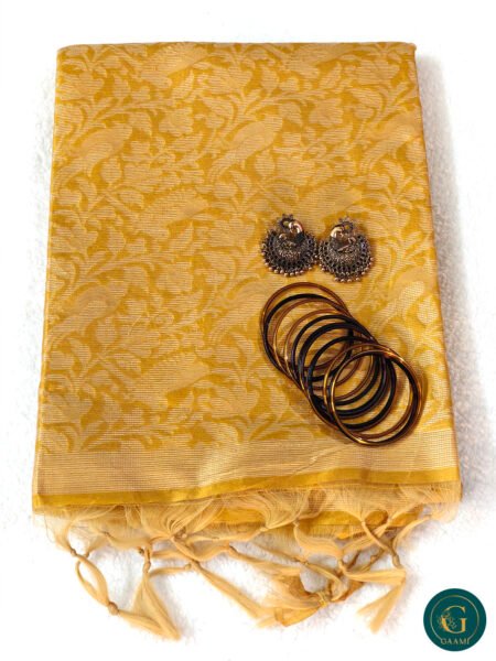 Fancy Cotton Saree in Golden Color with Parrot & Humming Bird Thread Work
