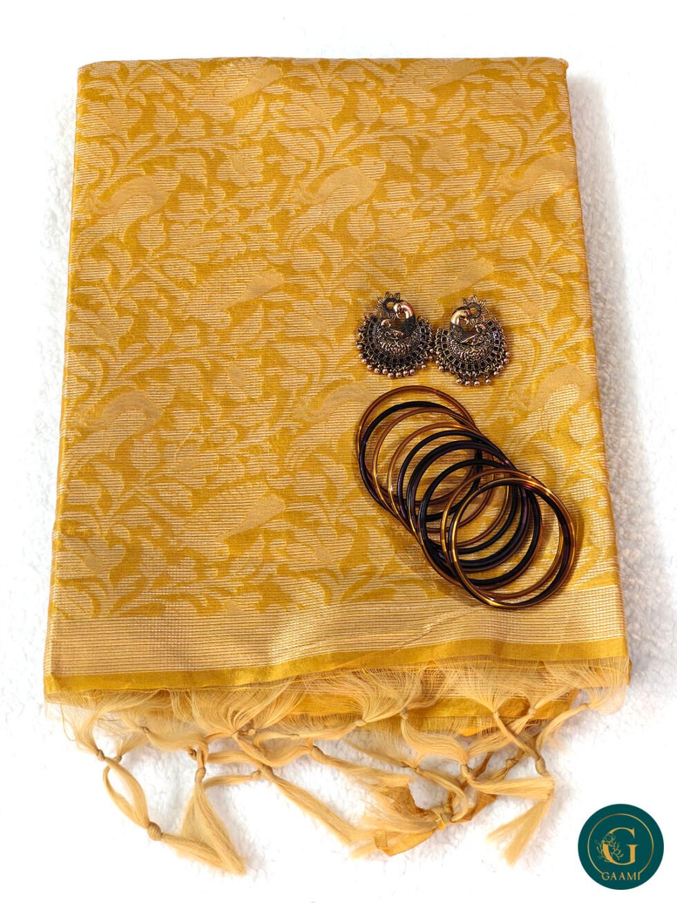 Fancy Cotton Saree in Golden Color with Parrot & Humming Bird Thread Work