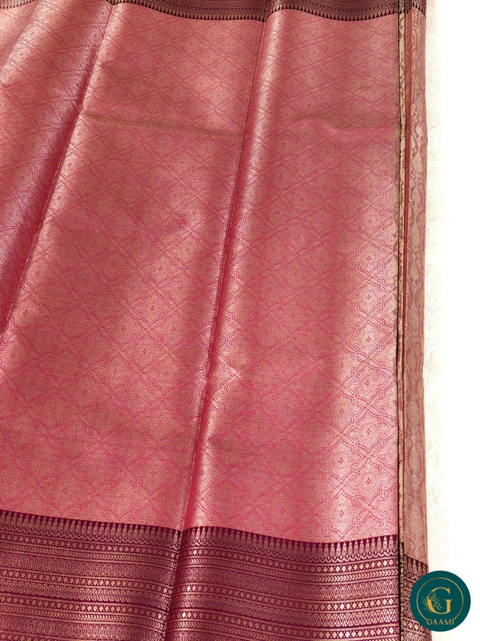 Fancy Tissue Saree in Rose Gold with Maroon Border