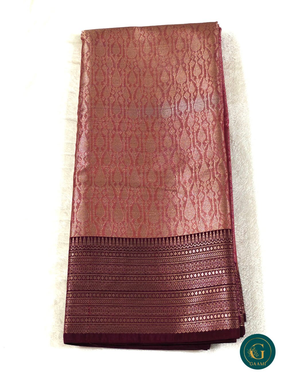 Fancy Tissue Saree in Rose Gold with Maroon Border