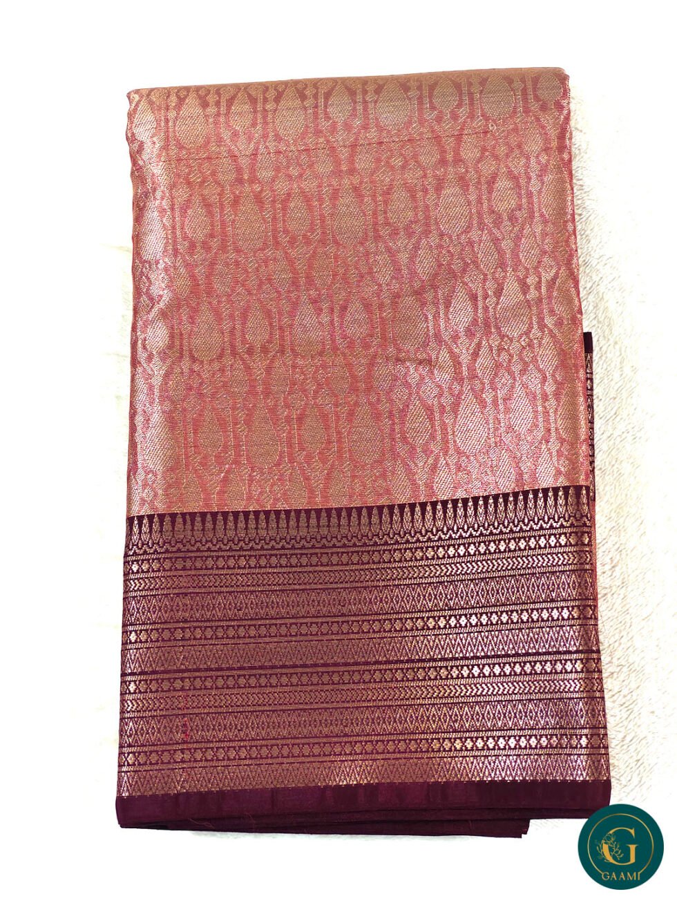 Fancy Tissue Saree in Rose Gold with Maroon Border