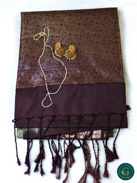 Checked Soft Semi Silk Saree in Coffee Brown with Siege Green Color