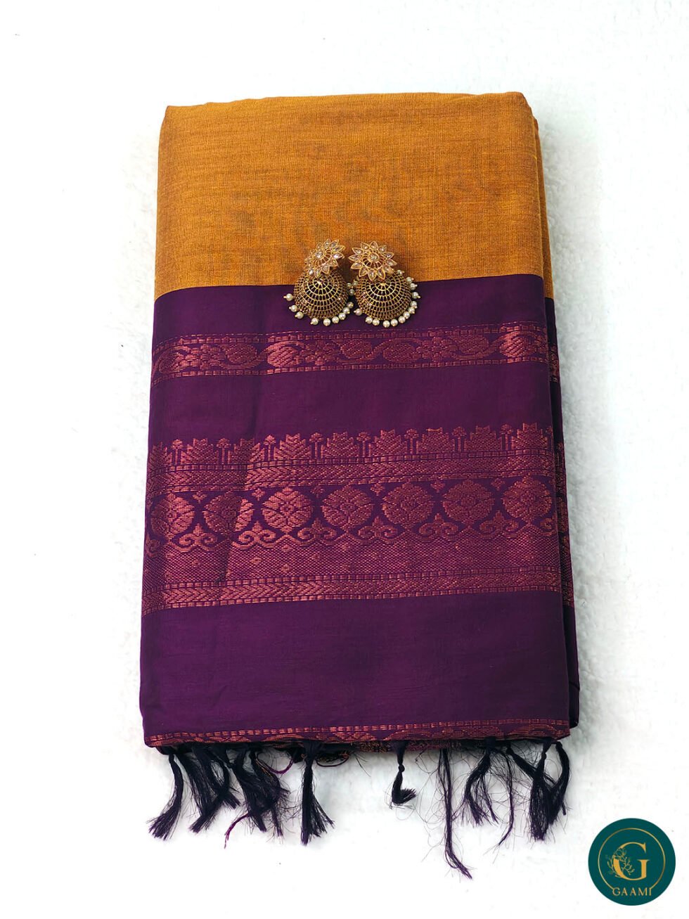Kalyani Cotton Saree in Mustard Yellow with Purple Border and Copper Zari