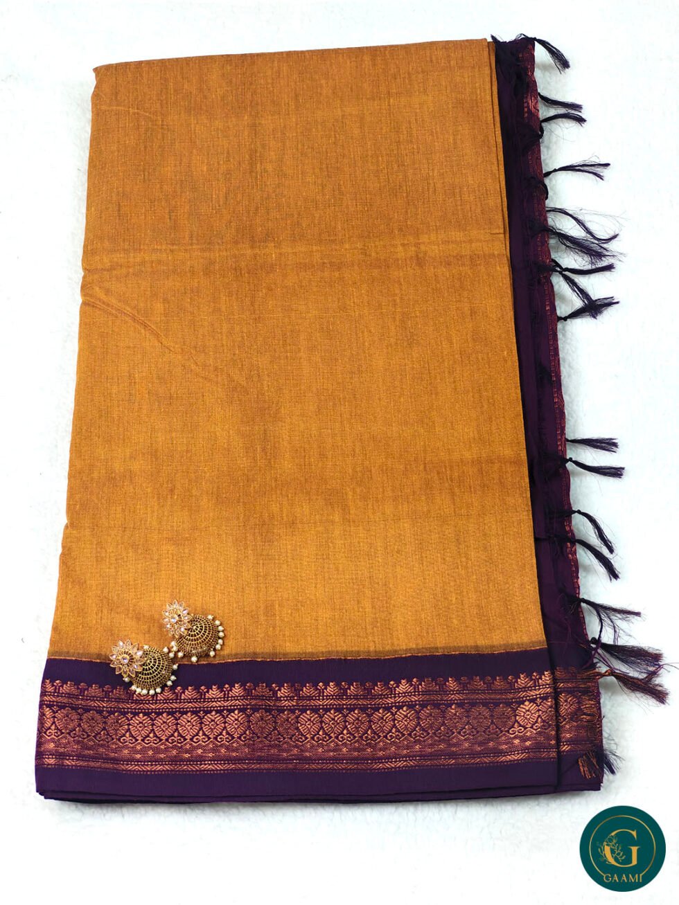 Kalyani Cotton Saree in Mustard Yellow with Purple Border and Copper Zari