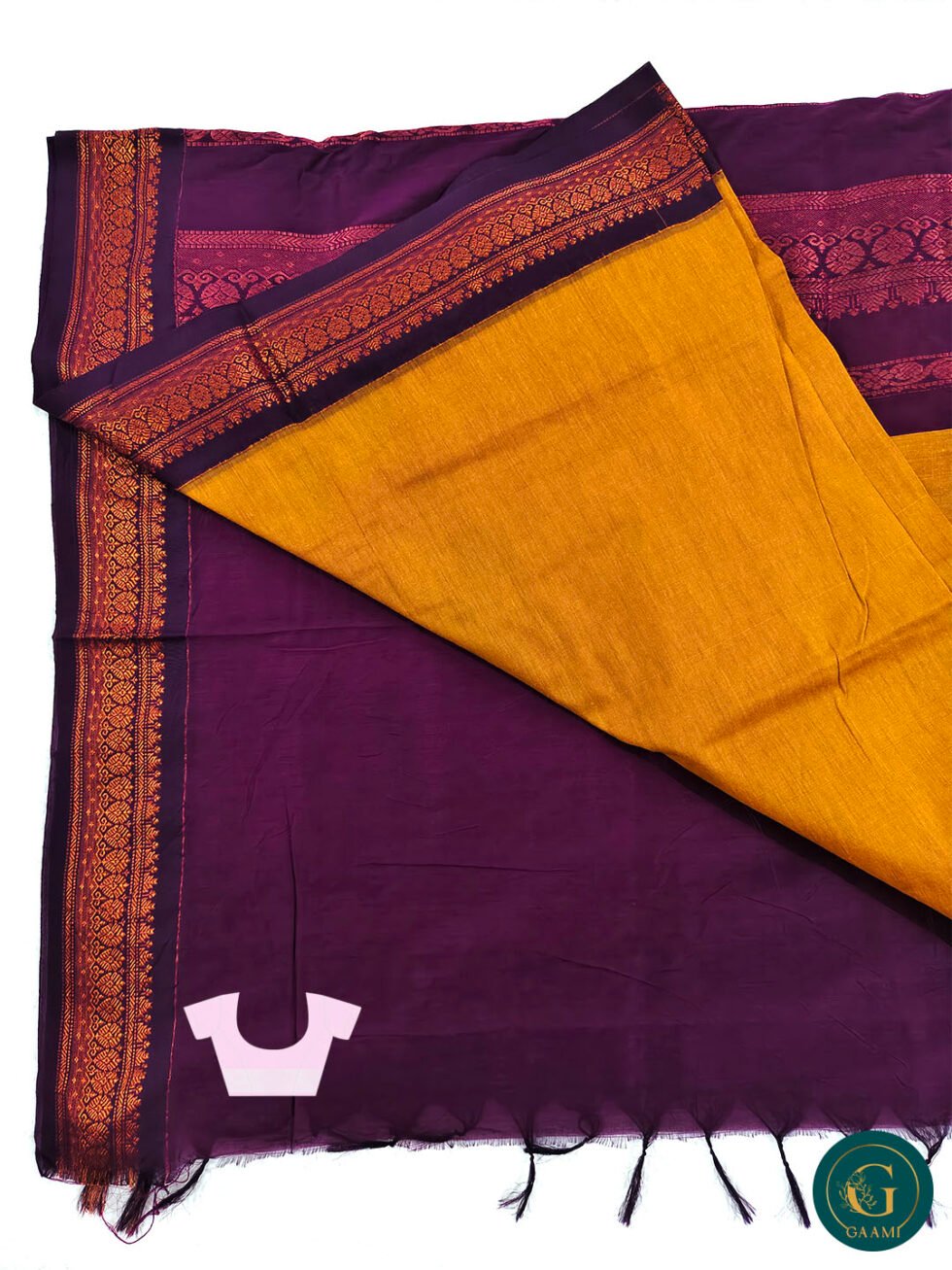 Kalyani Cotton Saree in Mustard Yellow with Purple Border and Copper Zari