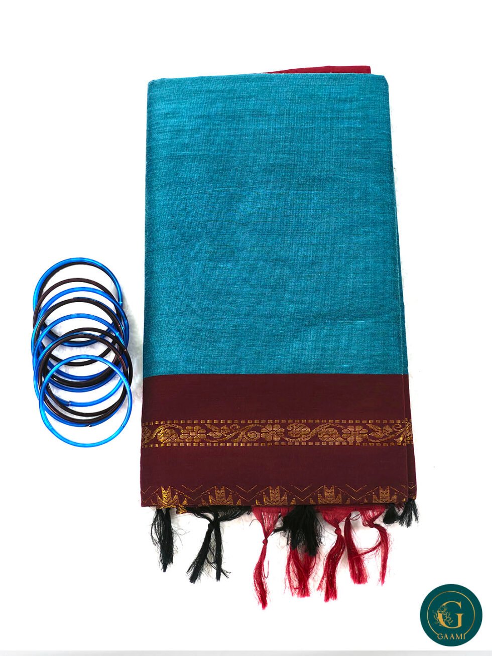 Kalyani Cotton Saree in Blue with Maroon Border