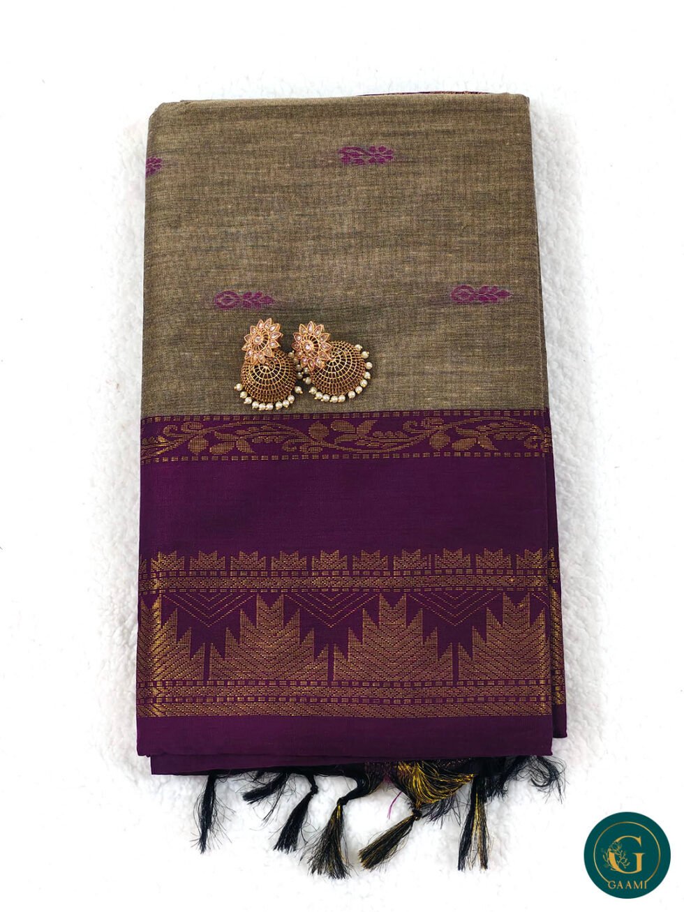 Kalyani Cotton Saree in Light Khakhi with Purple Border