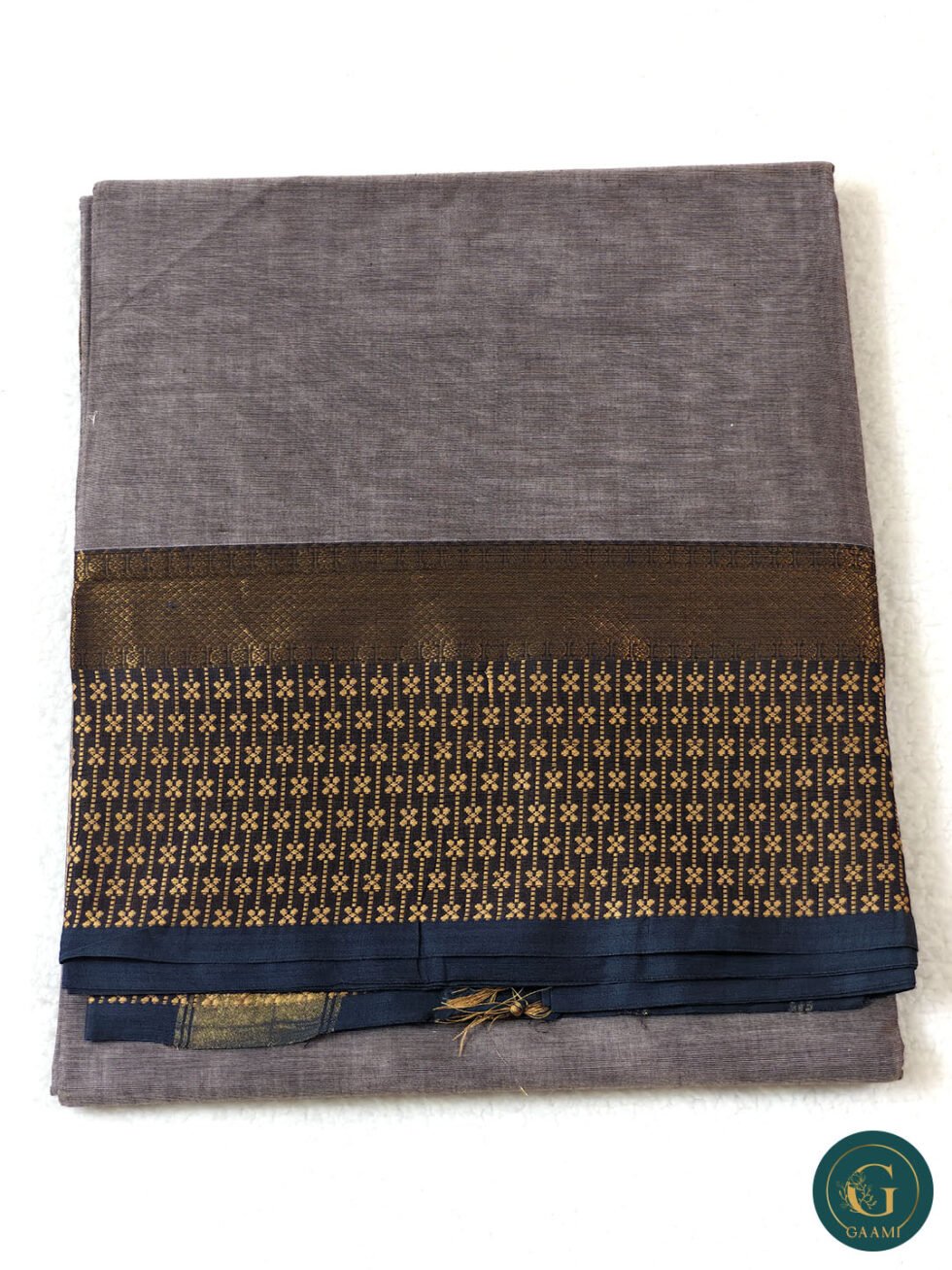Cotton Handloom Saree in Light Grey with Dark Grey Border & Thread Work