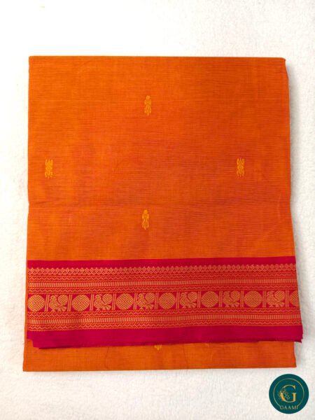 Cotton Handloom Saree in Orange with Pink Border & Thread Work
