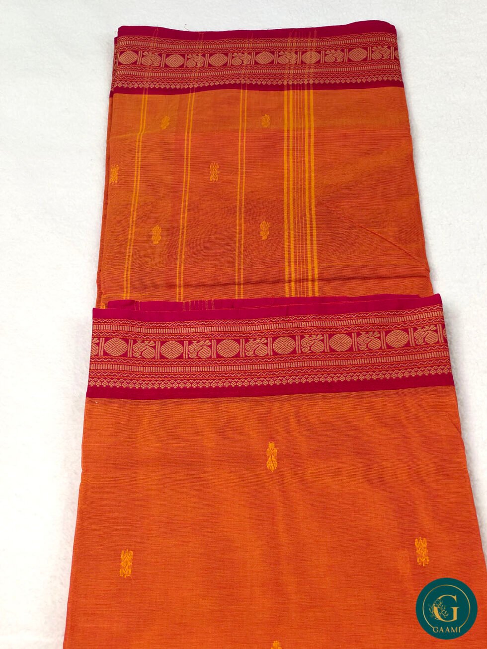 Cotton Handloom Saree in Orange with Pink Border & Thread Work