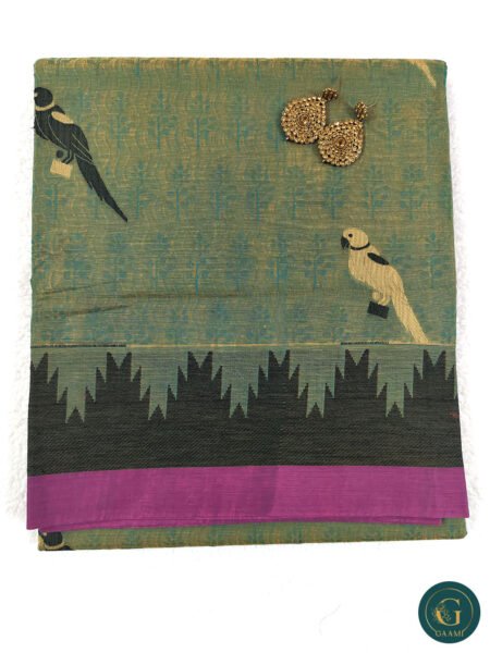 Cotton Handloom Saree in Green with Temple Border & Thread Work