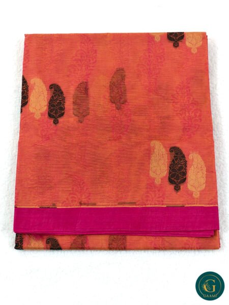 Cotton Handloom Saree in Orange with Pink Border & Thread Work