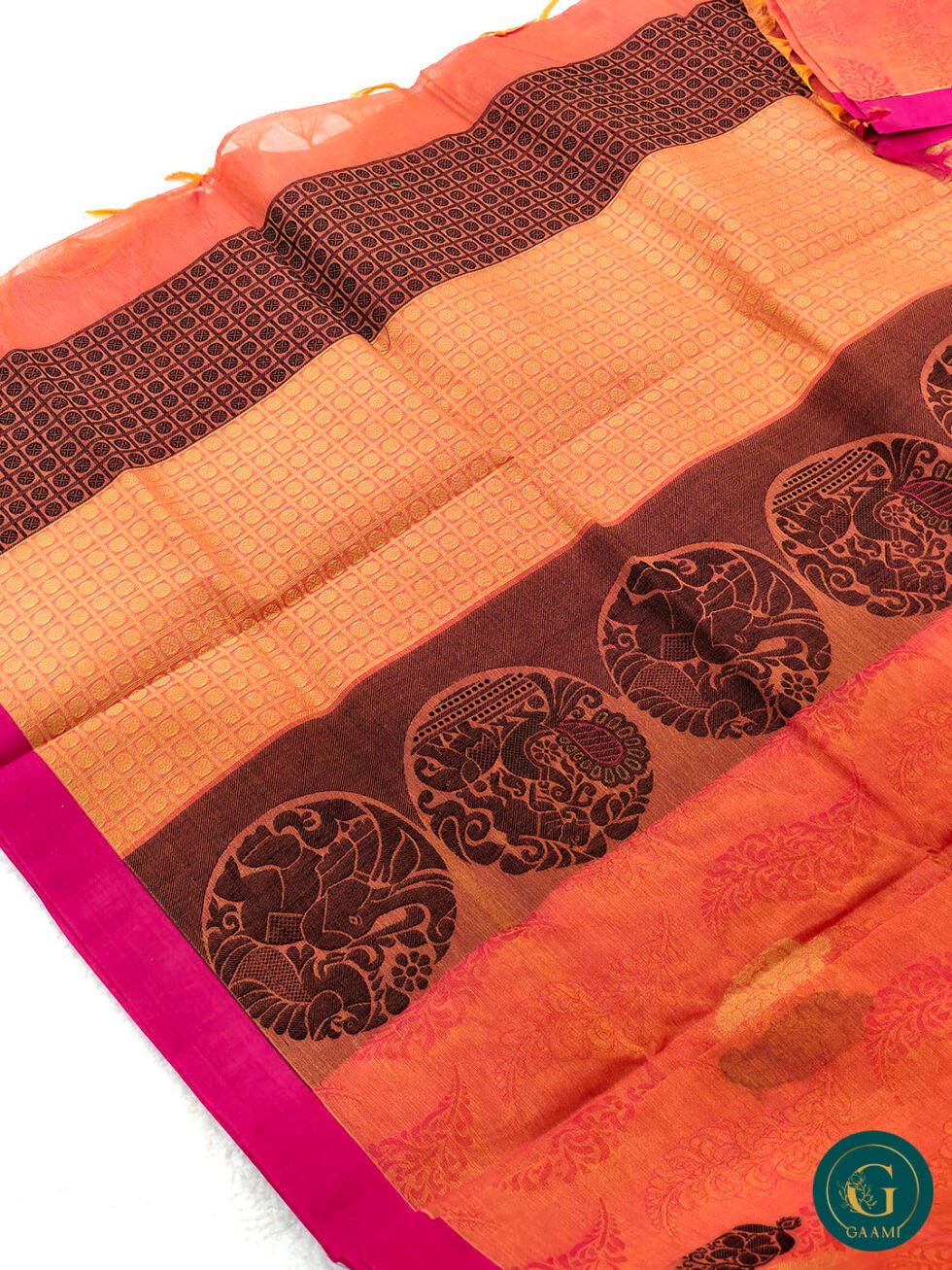 Cotton Handloom Saree in Orange with Pink Border & Thread Work