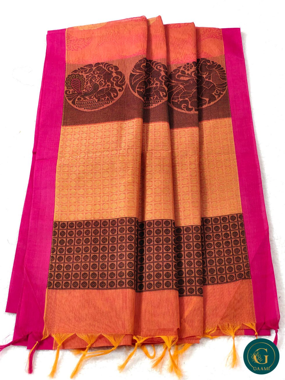 Cotton Handloom Saree in Orange with Pink Border & Thread Work