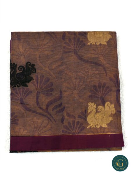 Cotton Handloom Saree in Brown with Pink Double Shade & Thread Work