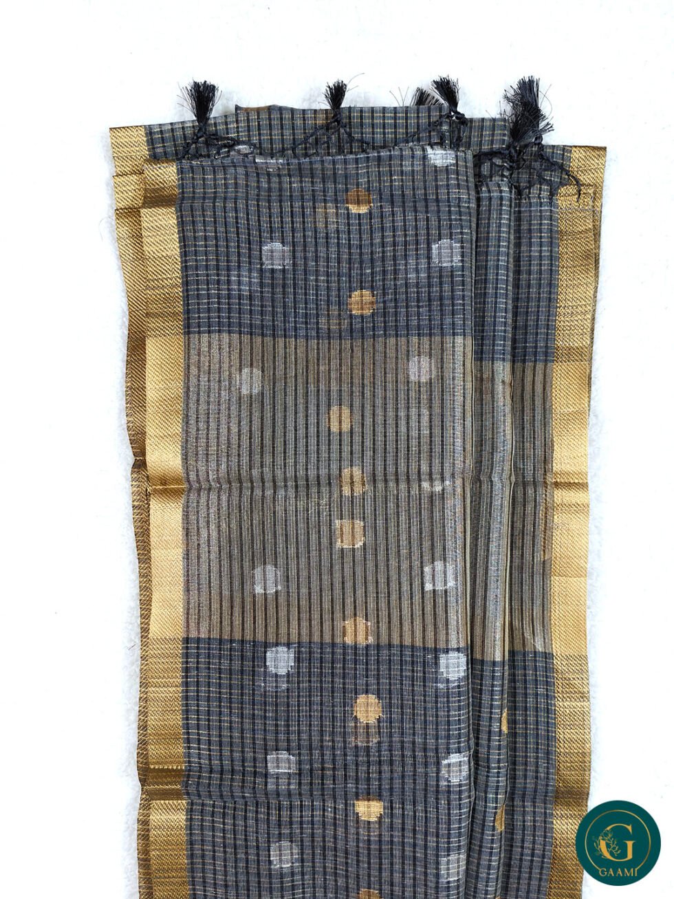 Semi Tussar Saree in Grey Colour with Zari and Golden Border