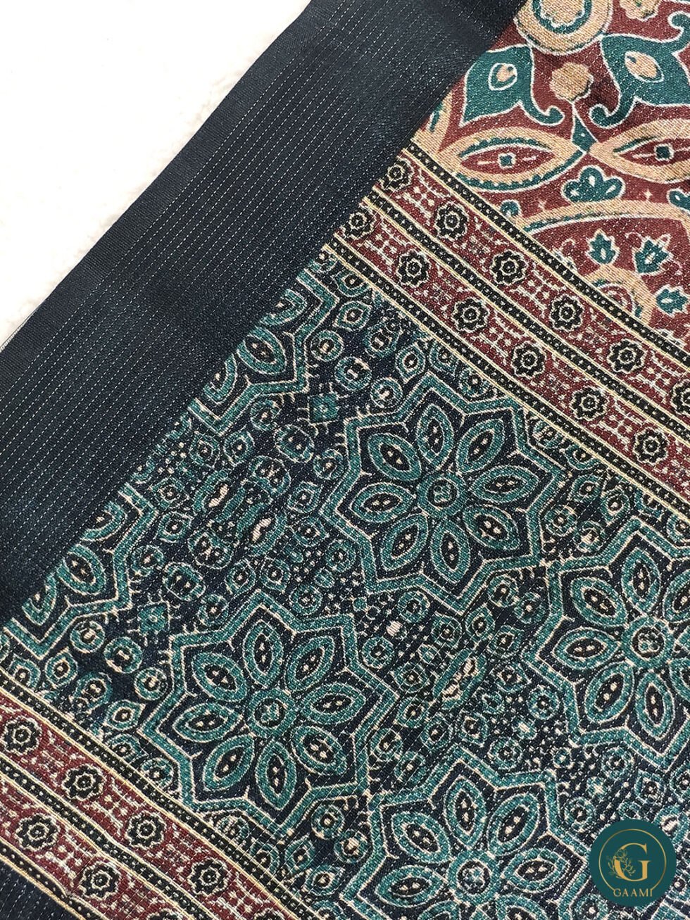 Semi Tussar Saree with Ajrakh Print with Geman Blue Colour