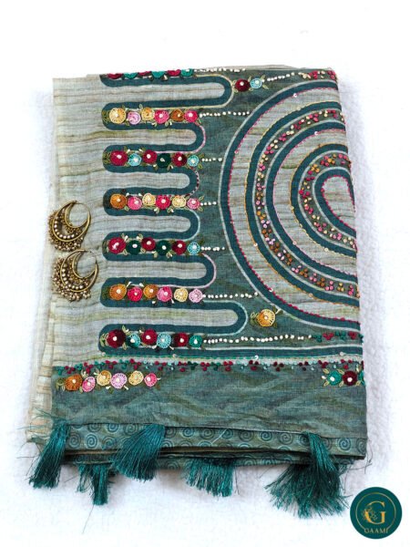 Semi Tussar Saree in Green Colour with French Knot Embroidery