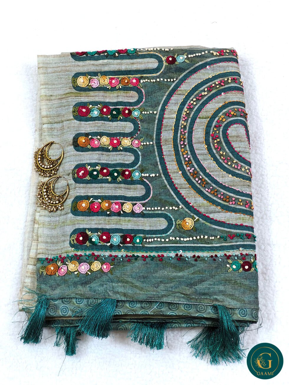 Semi Tussar Saree in Green Colour with French Knot Embroidery