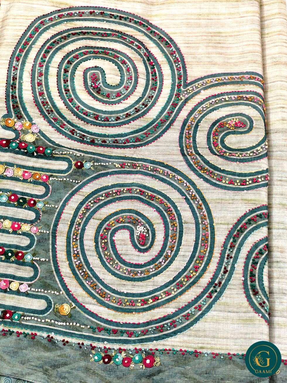 Semi Tussar Saree in Green Colour with French Knot Embroidery