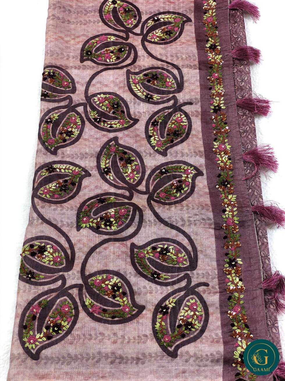 Semi Tussar Saree in Purple Colour with French Knot Embroidery